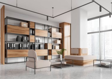 Koltuklu, koltuklu, dinlendirici ya da bekleme salonlu, kahve masalı ve klasörlü beyaz iş manzarası. Gökdelenlerin panoramik penceresi. 3B görüntüleme