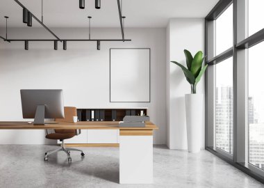 Ofis içi rahat çalışma masası ve sandalye şehir gökdelenlerinin panoramik penceresi. Büfesi ve bitkisi olan bir Ceo işyeri. Model uzay tuvali posteri. 3B görüntüleme