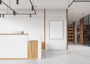 Beyaz işletme resepsiyonu ahşap masa ve bilgisayar masası, parlak beton zemin. Cam iş odası ve klasörlü raf. Uzay tuvali posterini kopyala. 3B görüntüleme