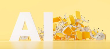 Yapay zeka ve ofis sandalyeleri üst üste, geniş format arka plan. Robot kavramı insanların, işsizlerin ve işsizlerin yerini aldı. 3B resimleme