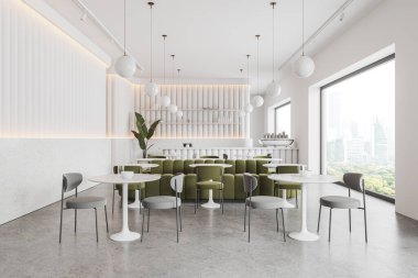 Beyaz kafeteryanın içinde yemek alanı var. Masaları ve sandalyeleri yeşil yumuşak bir yerde yiyor. Bangkok gökdelenlerinde panoramik penceresi olan minimalist bir restoran. 3B görüntüleme