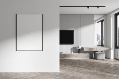 Otel odasının içinde güzellik dolabı, televizyon ekranı ve ahşap pouf 'lu büfe var. New York gökdelenlerinin panoramik penceresi. Bölümde boş tuval var. 3B görüntüleme