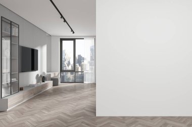 Yatak odasının içinde televizyon ekranı ve büfesi, rafı ve dekorasyonu var. Güzellik dolabı, ahşap zemin. New York gökdelenlerinin panoramik penceresi. Boş duvar bölmesini düzenle. 3B görüntüleme