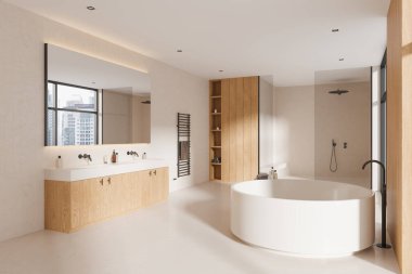 Modern otel banyosu manzarası, banyo küveti, çift lavabo, ahşap şifonyer ve cam duş. Stüdyo dairede bej ve ahşap banyo alanı. 3B görüntüleme