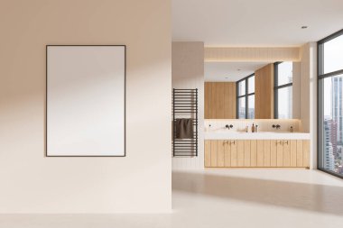 Çift lavabolu ev banyosu, ahşap dolap ve bej beton zeminde otel aksesuarları. Bangkok gökdelenlerinin panoramik penceresi. Bölümdeki tuval posterini taklit et. 3B görüntüleme