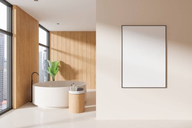 Bej ve ahşap banyo, yuvarlak küvet, beton zemin sehpası. Bangkok gökdelenlerinin panoramik penceresi. Bölümdeki tuval posterini taklit et. 3B görüntüleme