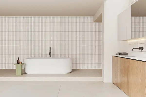 Minimalista Casa Banho Interior Com Banheira Pia Acessórios Minimalistas Mesa — Fotografia de Stock