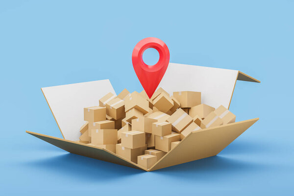 Large box with pile of cardboard parcels, large red location mark on blue background. Concept of delivery, shipping and relocation. 3D rendering illustration