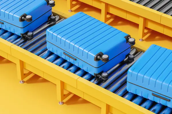 Maletas Azules Cinta Transportadora Ilustración Digital Sobre Fondo Amarillo Concepto — Foto de Stock