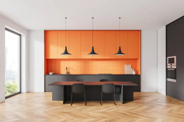 Stylový Černý Oranžový Domácí Kuchyňský Jídelní Stůl Židlemi Kuchyňský Kout — Stock fotografie
