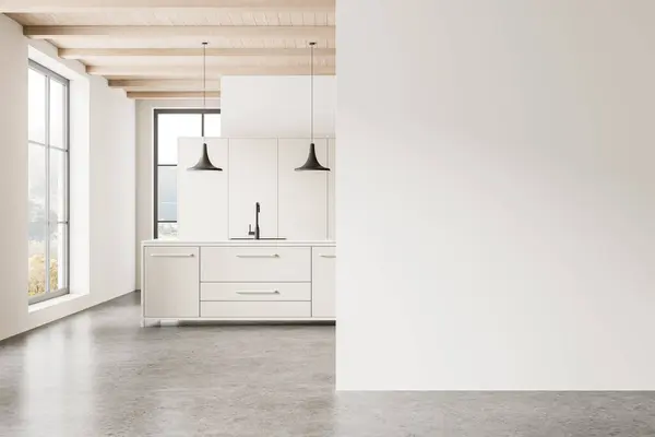 Stilvolles Kücheninterieur Mit Bar Insel Und Regalen Grauer Betonboden Minimalistischer — Stockfoto
