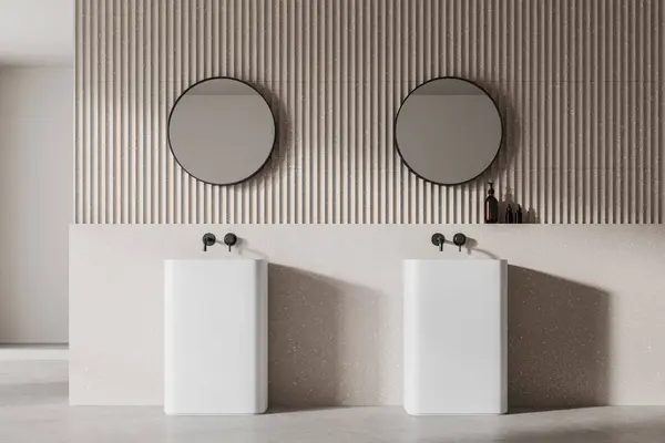 Nowoczesne Wnętrze Łazienki Dwoma Umywalkami Okrągłe Lustra Tekstura Ściany Minimalistycznym — Zdjęcie stockowe