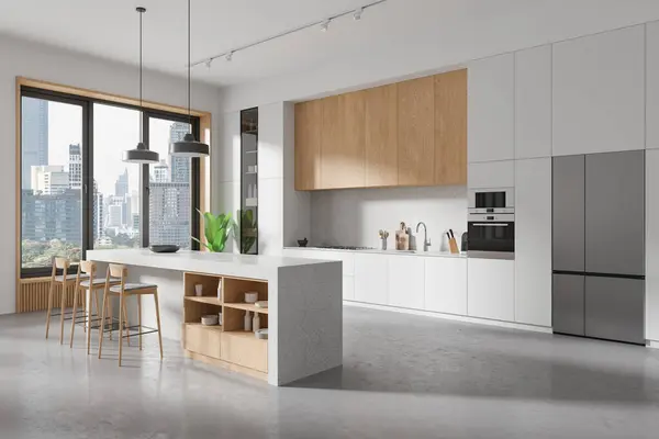 Modern Kitchen Interior Design City View Realistic Style Light Background — Stock Photo, Image