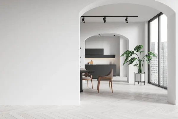 Interior Cozinha Casa Luxo Com Mesa Jantar Cadeira Piso Madeira — Fotografia de Stock