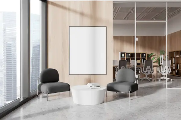 Modern business room interior with lounge zone, armchairs and coffee table. Glass meeting room and panoramic window on Singapore skyscrapers. Mock up canvas poster on wall partition. 3D rendering