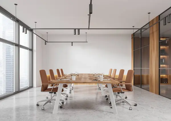 Elegante Reunião Interior Com Poltronas Mesa Conferência Piso Concreto Espaço — Fotografia de Stock