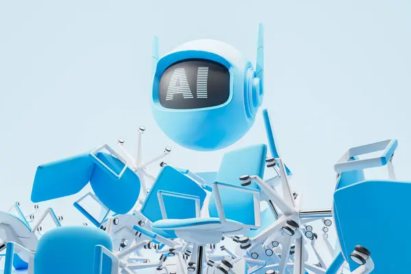 Flying cartoon AI bot on pile of office chairs, blue background. Concept of robot replace human, artificial intelligence and job loss. 3D rendering illustration