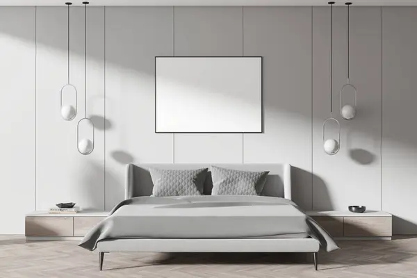 Light Grey Hotel Bedroom Interior Bed Nightstand Lamps Decoration Hardwood — Stock Photo, Image