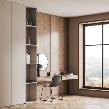 Ahşap otel manzarası, güzellik masası, sandalye ve ahşap zemin süslemeli bej raf. Kırsal kesimde panoramik pencere. 3B görüntüleme