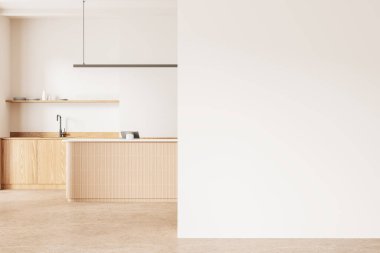 Ada içinde şık bir bar, lavabosu ve rafı olan yemek dolabı, ahşap mobilyalı minimalist kafeterya tasarımı. Boş fotokopi duvarı. 3B görüntüleme