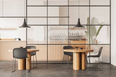 Lokantanın içinde yemek masaları, sandalyeler, cam bölmeler ve kahve makinesi olan bar adaları var. Modern kafede yemek ve beslenme alanı. 3B görüntüleme