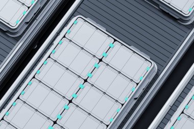 Elektrikli araç lityum iyon şarj edilebilir batarya, fabrika taşıyıcısı. Ev kavramı, araba güç kaynağı ve fütüristik teknoloji. 3B resimleme