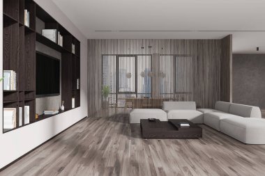 İskandinav oturma odasının içi rahat bir yer ve televizyon ekranlı bir kanepe, oda ayırıcılı sandalyeli yemek masası ve gökdelenlerin panoramik penceresi. 3B görüntüleme