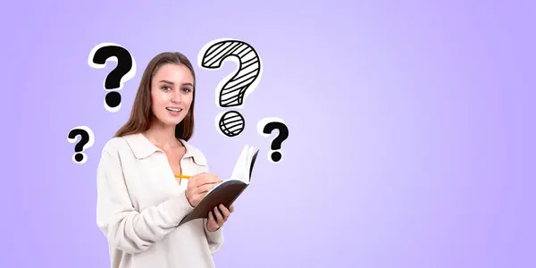 Woman Holding Book Question Marks Her Purple Background Symbolizing Curiosity — Stock fotografie