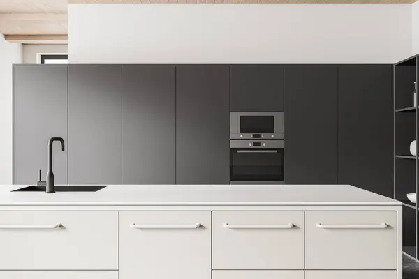 Black White Home Kitchen Interior Bar Island Sink Cabinet Shelves — Stock Photo, Image