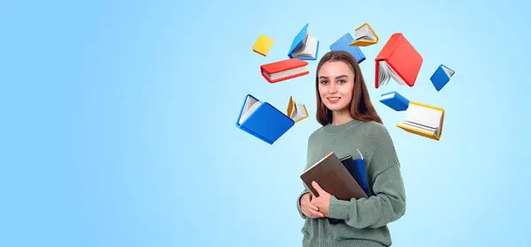 Beautiful Young Woman Notebook Hands Flying Colorful Cartoon Books Empty — Stock Photo, Image