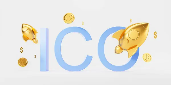 Золотые Ракеты Криптовалютные Монеты Буквами Ico Символизирующими Первоначальное Предложение Монет Лицензионные Стоковые Фото
