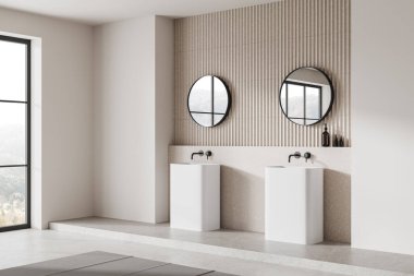 Modern banyo içerisi çift lavabolu, yuvarlak aynalı, ve pencereden manzaralı, hafif arka planda, lüks ev kavramı. 3B Hazırlama