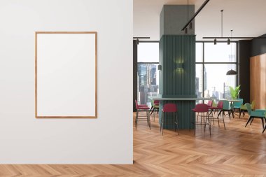 Sandalyeleri, masaları ve ahşap zemini olan modern bir restoran. New York gökdelenlerinin panoramik penceresi, duvar bölmelerinde tuval posteri olan bir yer. 3B görüntüleme