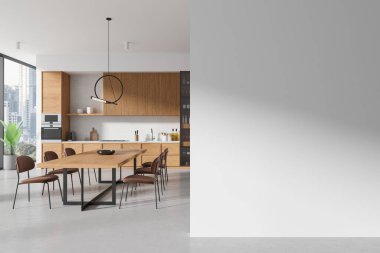 Ahşap detaylar ve şehir manzarası olan modern bir mutfak alanı, modeller için açık bir duvar, hafif ev içi konsepti. 3B Hazırlama