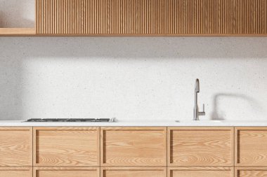 Ahşap dolapları ve taş tezgahı olan modern bir mutfak tezgahı ve desenli bir arka planı var. İç tasarımı gösteriyor. 3B Hazırlama