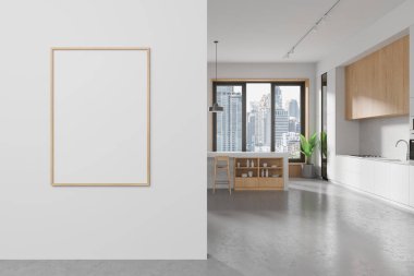 Bar tezgahı ve taburesi olan modern bir ev mutfağı. Bangkok gökdelenlerinde rafları ve panoramik pencereleri olan yemek pişirme dolabı. Duvar bölmesindeki tuval posterini taklit et. 3B görüntüleme