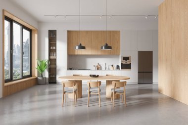 Beyaz ve ahşap mutfak masası, sandalyeler, beton zemin. Buzdolabı, mutfak gereçleri, Bangkok 'ta panoramik pencere. 3B görüntüleme