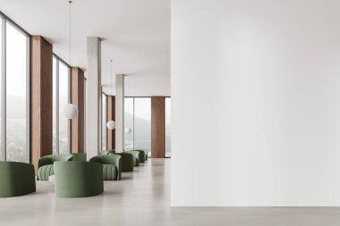 Yeşil koltuklu modern ofis lobisi, sehpası ve sütunları olan toplantı ya da danışmanlık alanı. Kırsal kesimde panoramik pencere. Boş duvar bölmesini düzenle. 3B görüntüleme