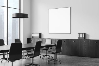 Toplantı masası, koltuklar ve dokümanlı çekmecenin olduğu köşedeki iş odası manzarası. Singapur 'da panoramik pencereli konferans işyeri. Kare bir tuval posteri yap. 3B görüntüleme