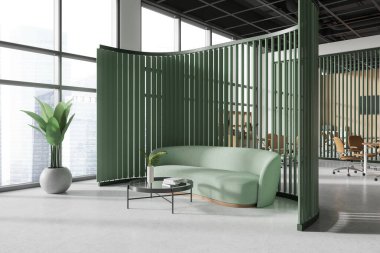 Ofis manzarası, iş arkadaşı, rahat bir yer, kanepe ve yeşil oda bölücüsü. Singapur gökdelenlerinin panoramik penceresi. Dinlenme bölgesi olan modern çalışma alanı. 3B görüntüleme