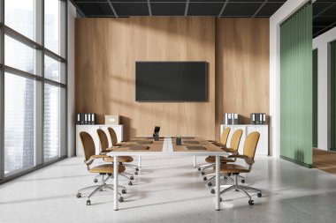 Tahta, sandalye, dizüstü bilgisayar ve televizyon ile ahşap duvarda ofis içi toplantı. Singapur gökdelenlerinde panoramik pencereli iş konferansı odası. 3B görüntüleme