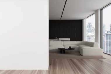 Şık bir ev oturma odası kanepe, taburesi olan bar adası. Bangkok gökdelenlerinin panoramik penceresinin yanında dinlenme ve yemek odası. Boş duvar bölmesini düzenle. 3B görüntüleme