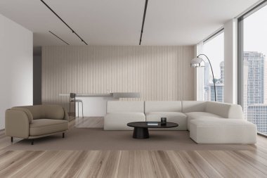 Bej renkli oturma odasının içi kanepe ve koltukla dolu, bar tezgahında da tabure var. Bangkok gökdelenlerinin panoramik penceresinin yanında dinleniyor ve yemek yiyor. 3B görüntüleme