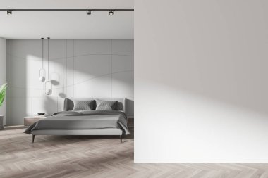 Modern ev yatak odası iç yatağı ve gri çarşaflar, ahşap döşeme. Konforlu rahatlama alanı dekorasyonu ve boş duvar bölümünün fotokopisini çek. 3B görüntüleme