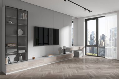 Modern ev yatak odası manzarası televizyon ekranı ve büfe, raf ve süsleme ile güzellik masası ve ahşap zeminde puf. New York gökdelenlerinin panoramik penceresi. 3B görüntüleme