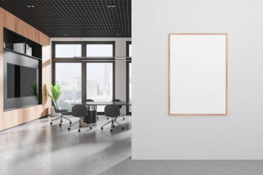 Masası ve koltukları olan şık bir ofis, panosu ve televizyon ekranı olan bir konferans odası. Singapur gökdelenlerindeki panoramik pencere ve tuval posterleri. 3B görüntüleme