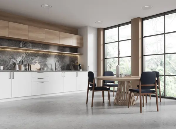 Vista Para Canto Casa Cozinha Interior Com Mesa Jantar Cadeiras — Fotografia de Stock