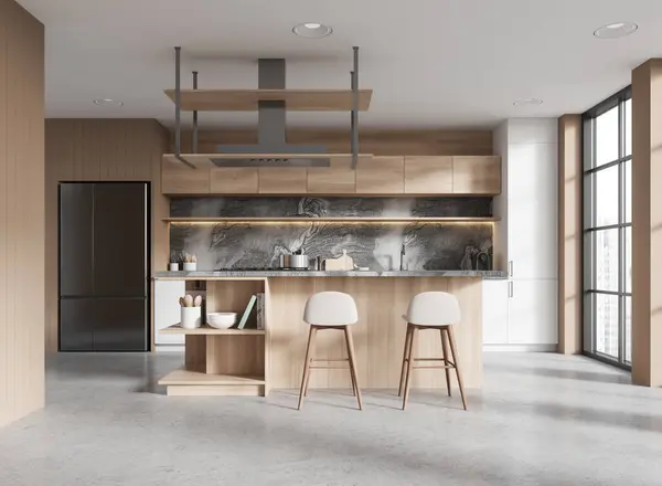 Interior Cozinha Moderna Casa Com Bar Ilha Geladeira Prateleiras Com — Fotografia de Stock