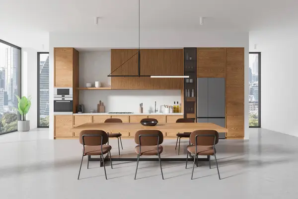 Interior Cozinha Moderna Com Área Jantar Acabamentos Madeira Vista Fundo — Fotografia de Stock