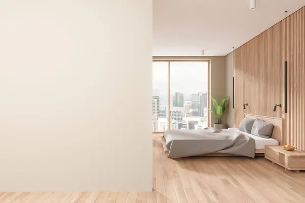 Japanese home bedroom interior with bed and nightstand. Sleep room in minimalist style on hardwood floor. Panoramic window on Kuala Lumpur skyscrapers. Mock up empty wall. 3D rendering
